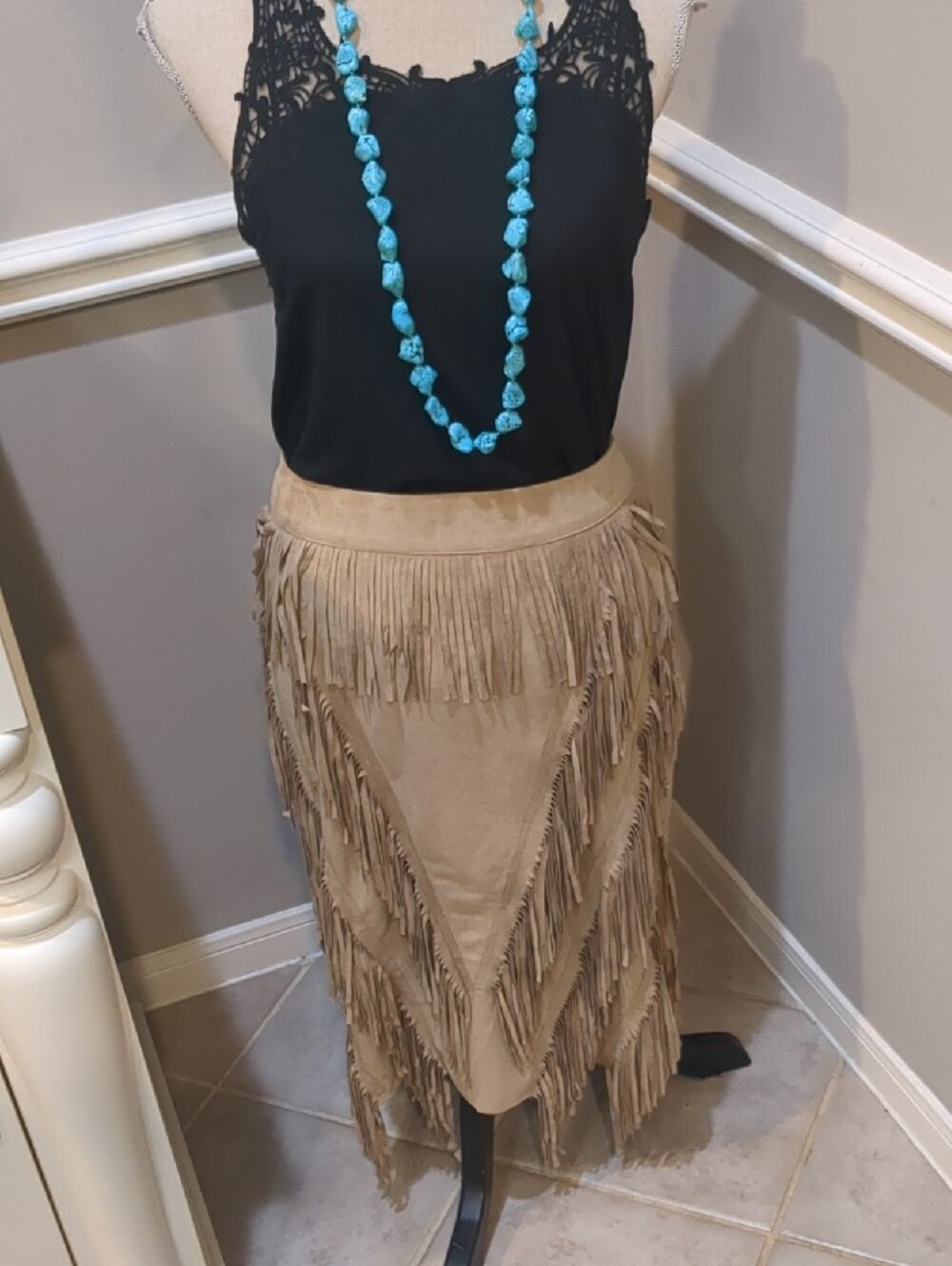 Fringe Faux Suede Midi Skirt - Beige